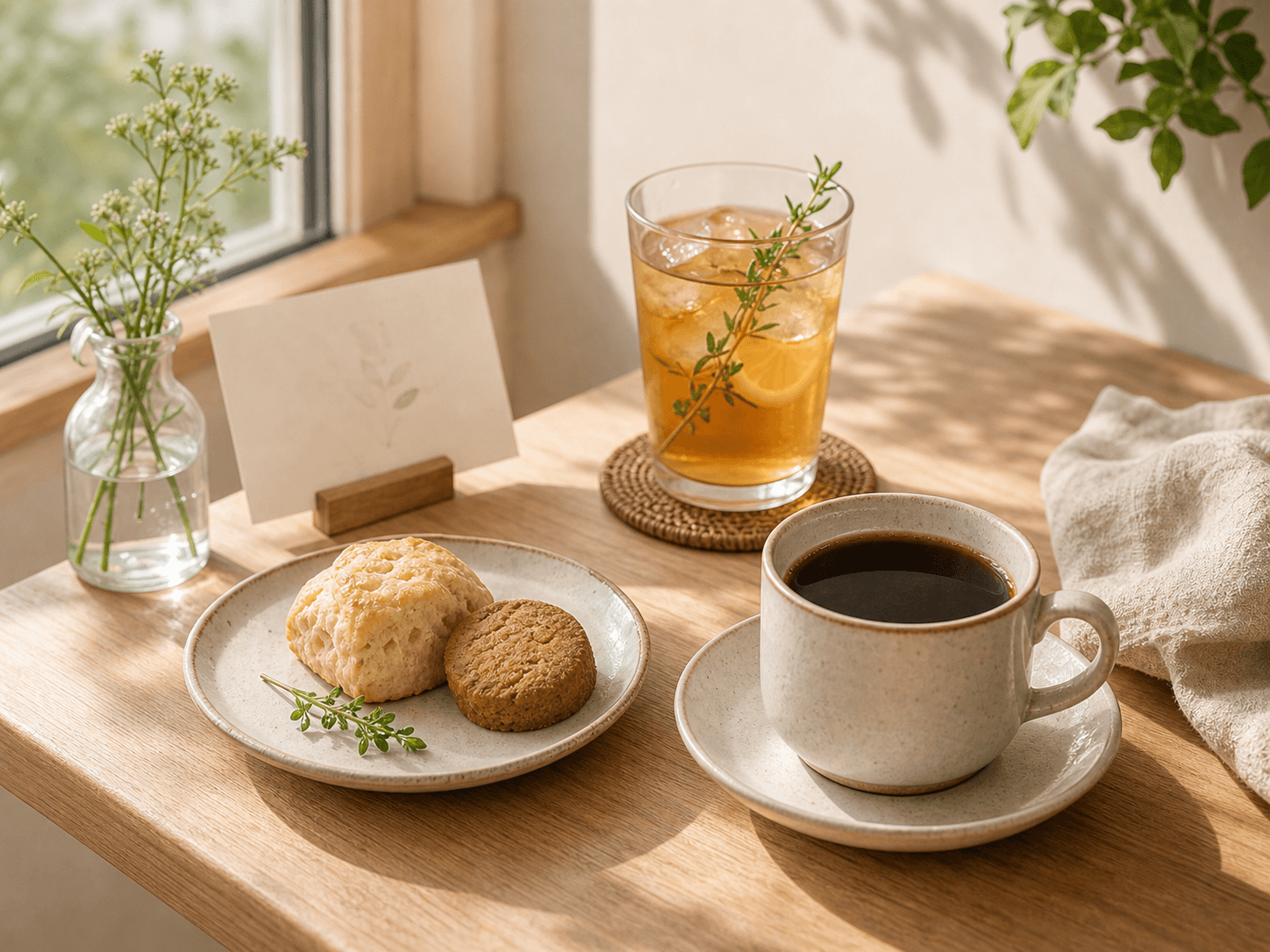 コーヒーとハーブティーと焼き菓子を並べたメニュー